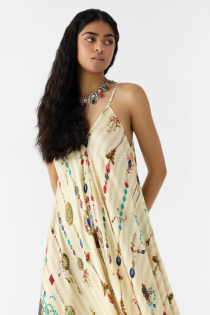 Cream Vegan Silk Digital Printed Asymmetrical Summer Dress by Studio Rigu at Pernia's Pop Up Shop