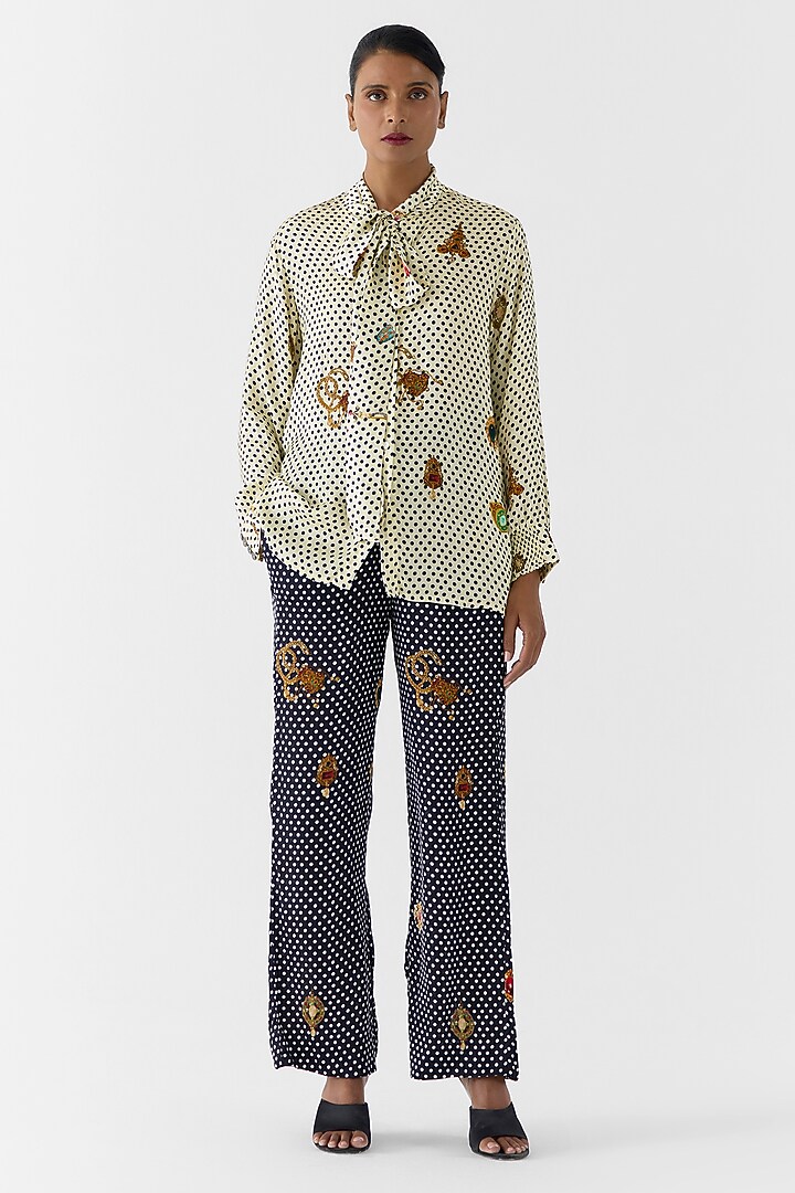 White Vegan Silk Polka Printed Co-Ord Set by Studio Rigu at Pernia's Pop Up Shop