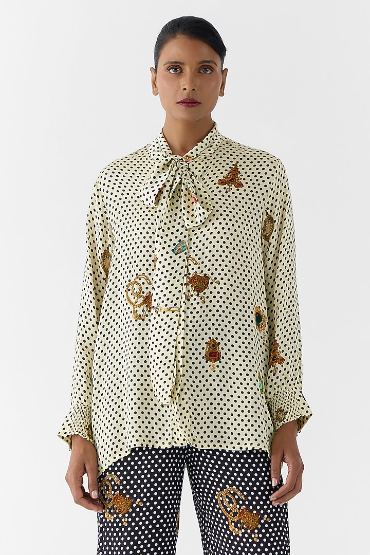 White Vegan Silk Polka Printed Co-Ord Set by Studio Rigu at Pernia's Pop Up Shop