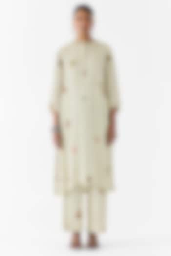 White Vegan Silk Hand Embroidered & Printed Co-Ord Set by Studio Rigu at Pernia's Pop Up Shop