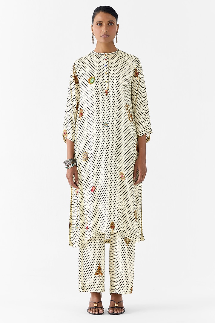 White Vegan Silk Hand Embroidered & Printed Co-Ord Set by Studio Rigu at Pernia's Pop Up Shop