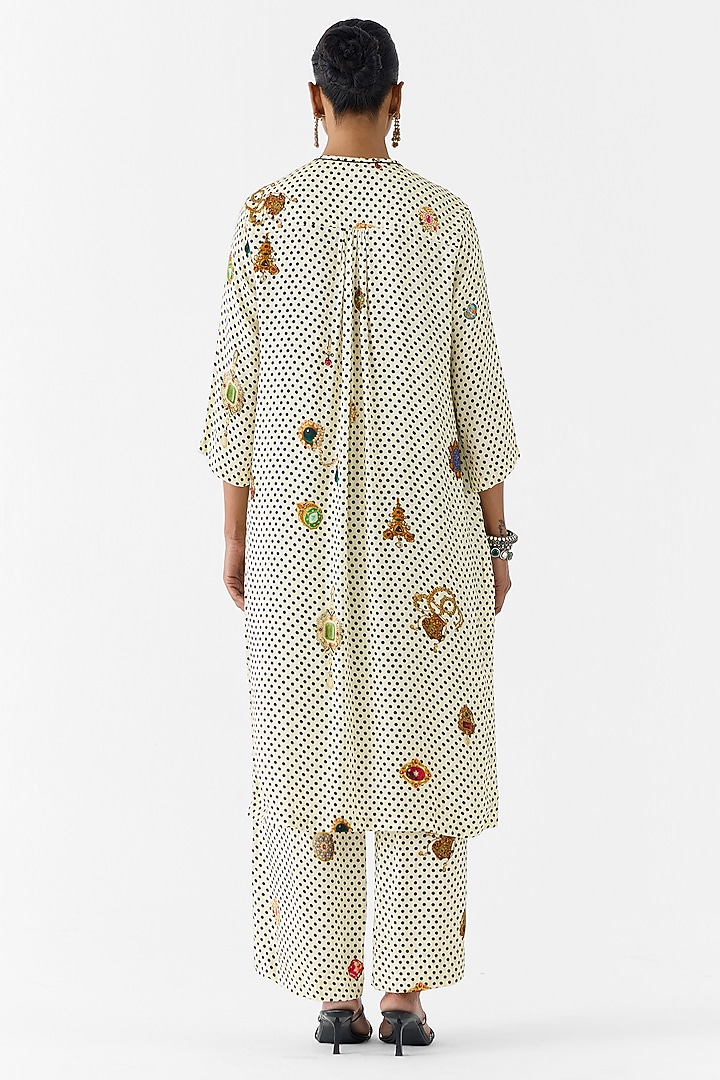 White Vegan Silk Hand Embroidered & Printed Co-Ord Set by Studio Rigu at Pernia's Pop Up Shop