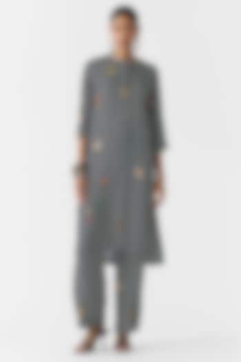 Black Vegan Silk Hand Embroidered & Printed Co-Ord Set by Studio Rigu at Pernia's Pop Up Shop