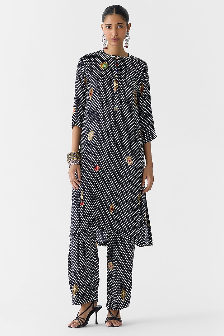 Black Vegan Silk Hand Embroidered & Printed Co-Ord Set by Studio Rigu at Pernia's Pop Up Shop