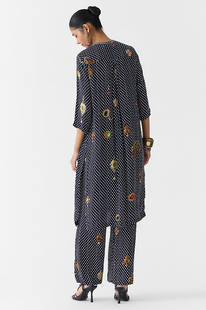 Black Vegan Silk Hand Embroidered & Printed Co-Ord Set by Studio Rigu at Pernia's Pop Up Shop