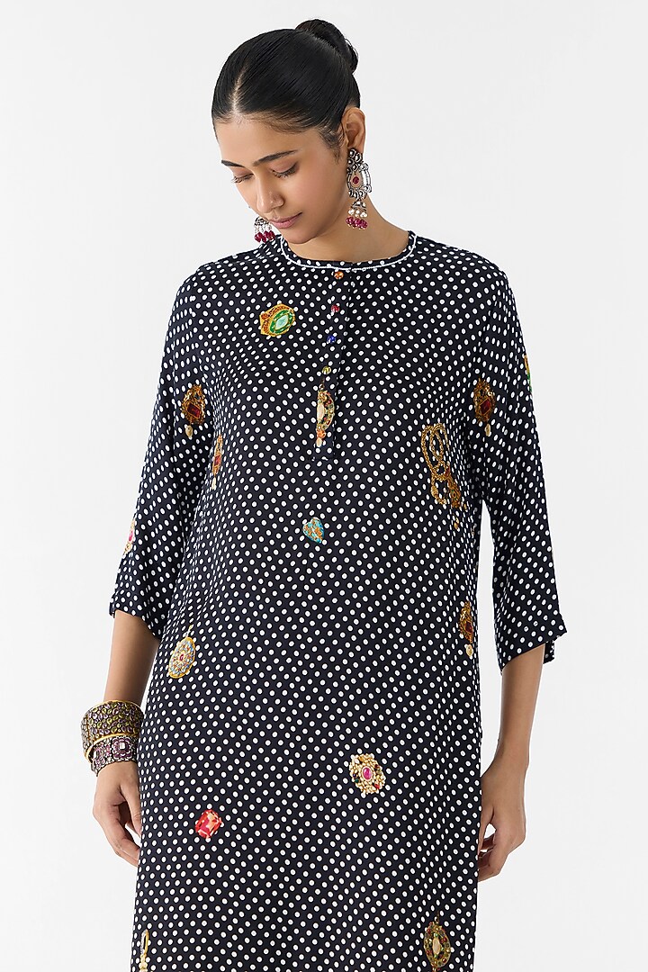 Black Vegan Silk Hand Embroidered & Printed Co-Ord Set by Studio Rigu at Pernia's Pop Up Shop