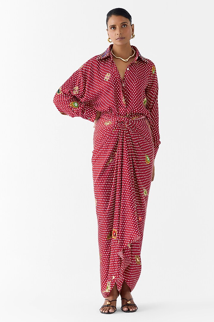 Maroon Vegan Silk Polka Dot Printed Kimono Shirt Vacation Dress by Studio Rigu at Pernia's Pop Up Shop