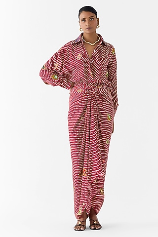 Maroon Vegan Silk Polka Dot Printed Kimono Shirt Dress by Studio Rigu