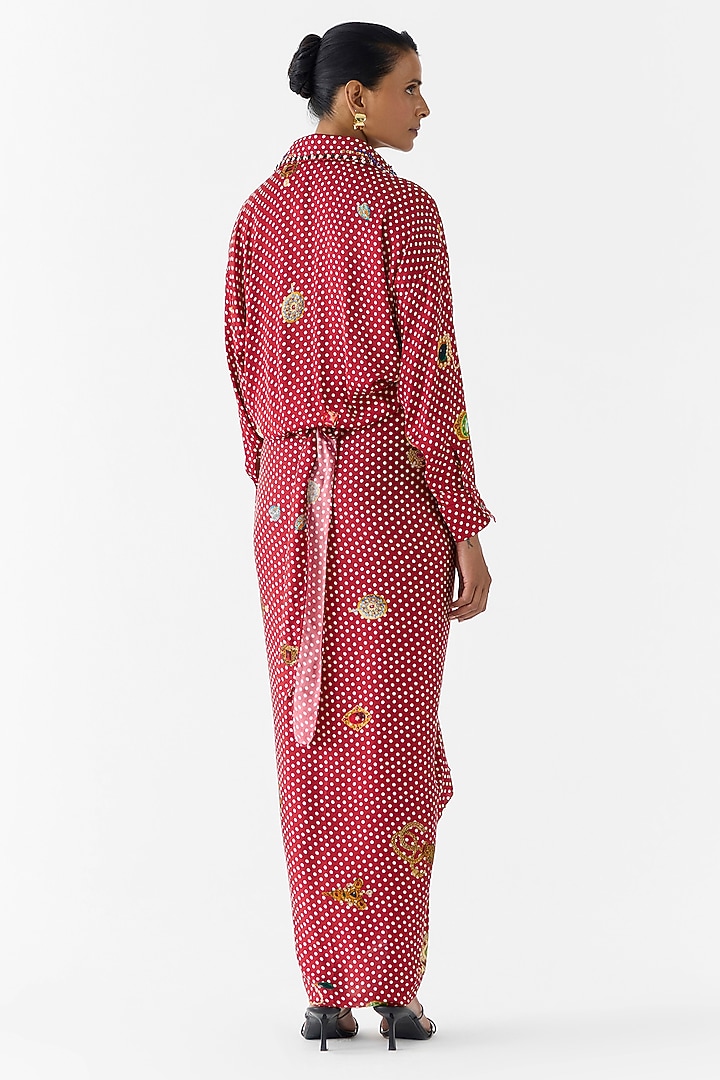 Maroon Vegan Silk Polka Dot Printed Kimono Shirt Vacation Dress by Studio Rigu at Pernia's Pop Up Shop