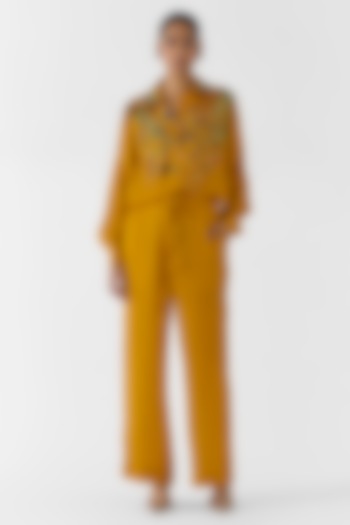 Mustard Vegan Silk Placement Printed Co-Ord Set by Studio Rigu at Pernia's Pop Up Shop