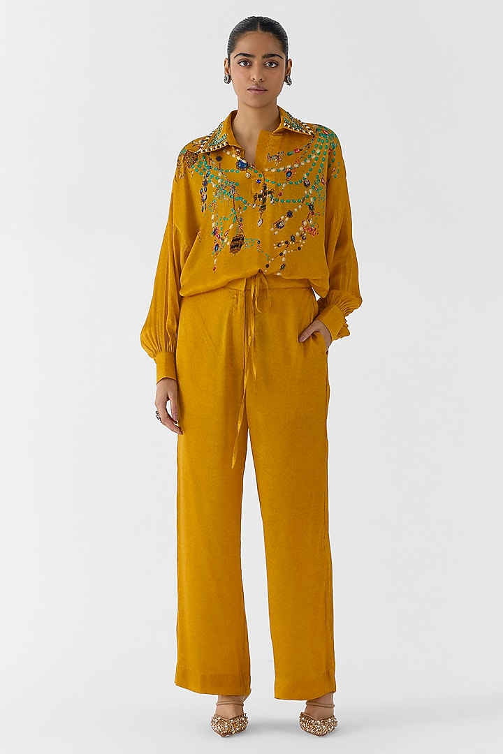 Mustard Vegan Silk Placement Printed Co-Ord Set by Studio Rigu at Pernia's Pop Up Shop