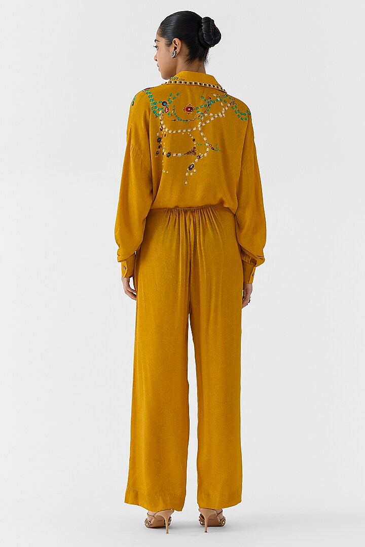Mustard Vegan Silk Placement Printed Co-Ord Set by Studio Rigu at Pernia's Pop Up Shop