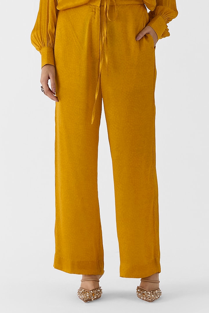 Mustard Vegan Silk Placement Printed Co-Ord Set by Studio Rigu at Pernia's Pop Up Shop