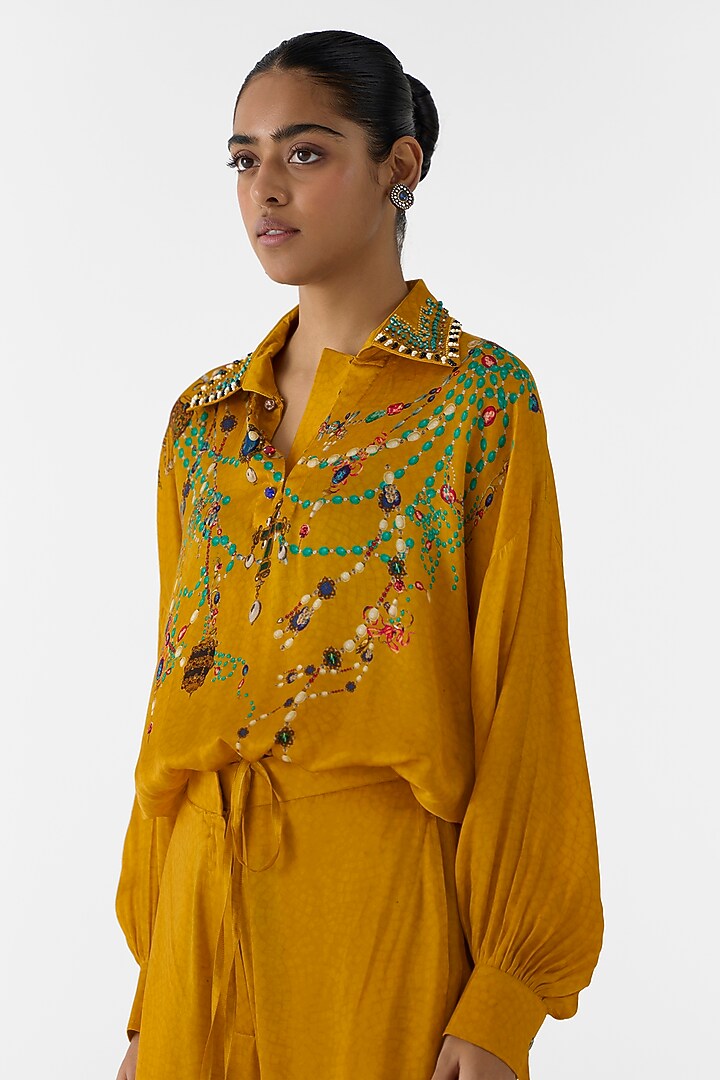 Mustard Vegan Silk Placement Printed Co-Ord Set by Studio Rigu at Pernia's Pop Up Shop