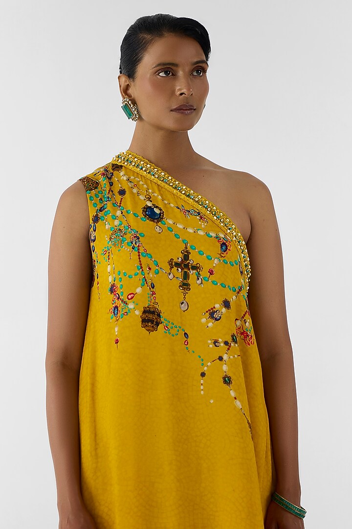Mustard Vegan Silk Printed & Embroidered One Shoulder Kurta Set by Studio Rigu at Pernia's Pop Up Shop