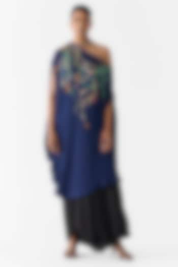 Navy Vegan Silk Printed & Embroidered Co-Ord Set by Studio Rigu at Pernia's Pop Up Shop