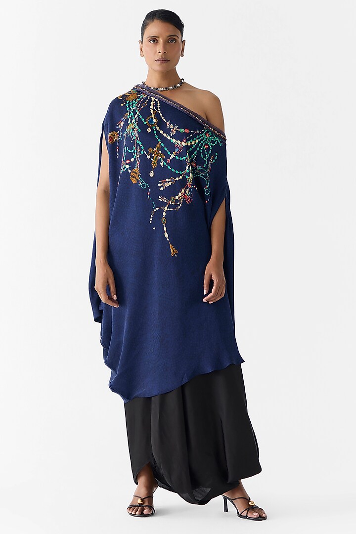 Navy Vegan Silk Printed & Embroidered Co-Ord Set by Studio Rigu at Pernia's Pop Up Shop