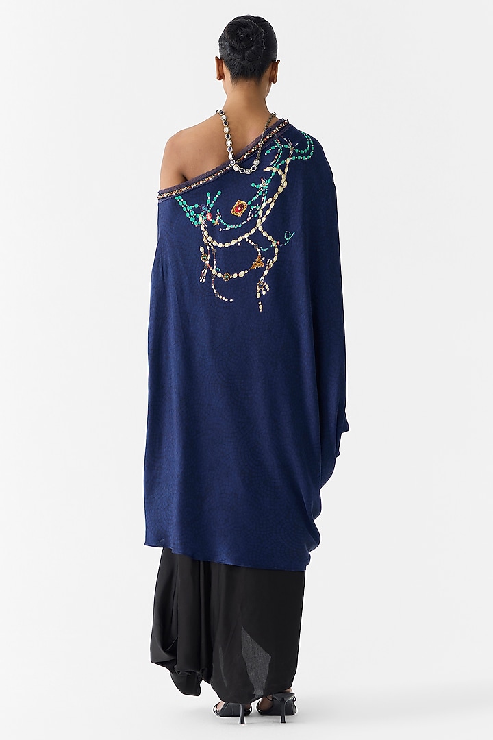 Navy Vegan Silk Printed & Embroidered Co-Ord Set by Studio Rigu at Pernia's Pop Up Shop