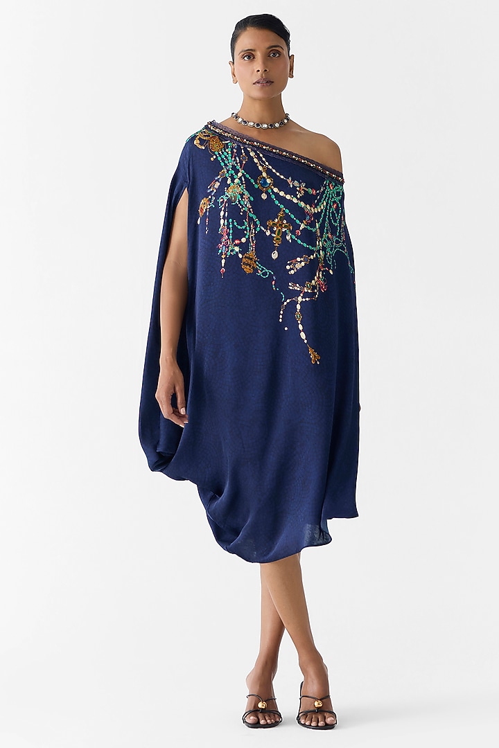 Navy Vegan Silk Printed & Embroidered Co-Ord Set by Studio Rigu at Pernia's Pop Up Shop