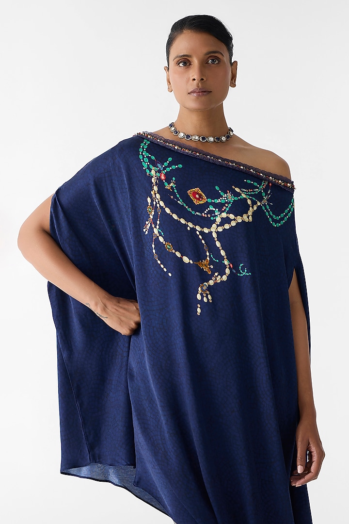 Navy Vegan Silk Printed & Embroidered Co-Ord Set by Studio Rigu at Pernia's Pop Up Shop