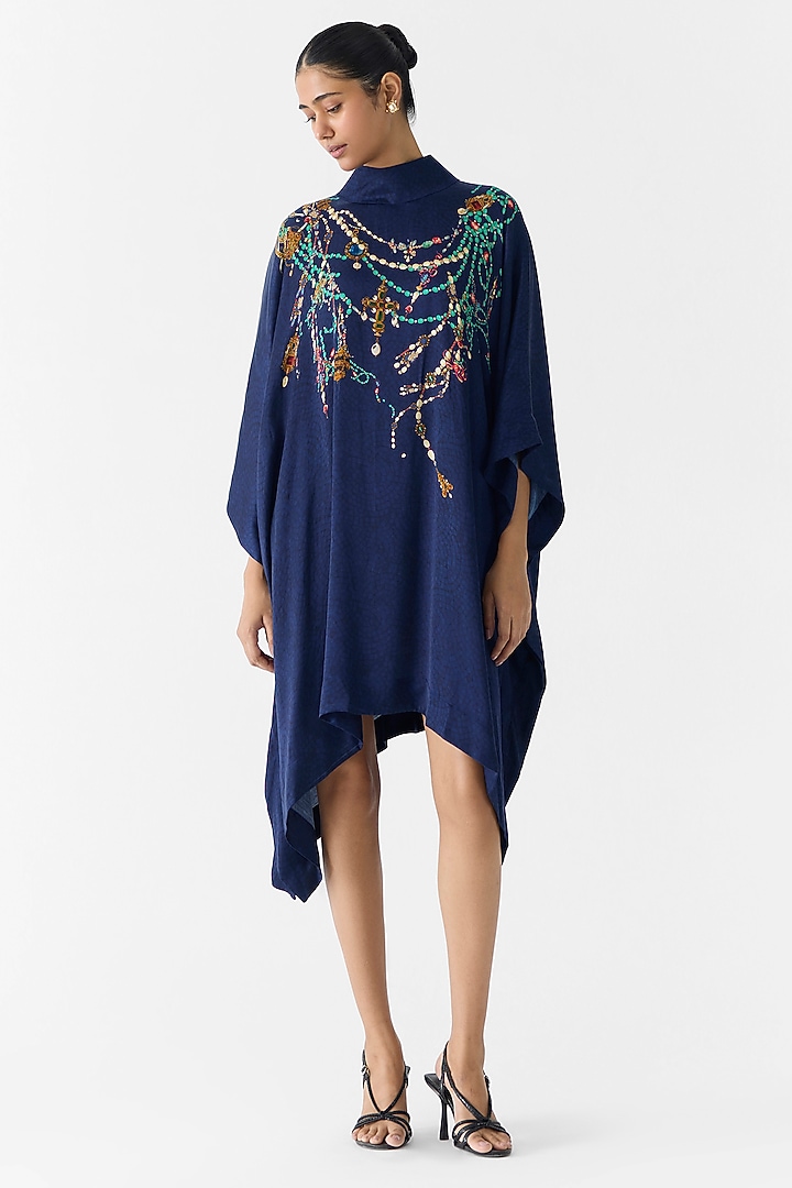Navy Vegan Silk Digital Printed Kimono Summer Dress by Studio Rigu at Pernia's Pop Up Shop
