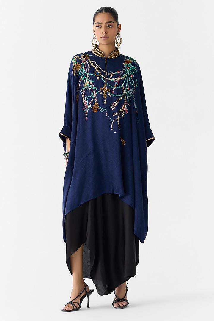 Navy Vegan Silk Digital Printed Co-Ord Set by Studio Rigu at Pernia's Pop Up Shop