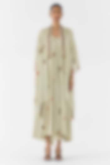 White Vegan Silk Digital Printed A-line Vacation Dress With Cape by Studio Rigu at Pernia's Pop Up Shop