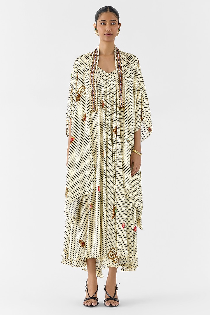 White Vegan Silk Digital Printed A-line Vacation Dress With Cape by Studio Rigu at Pernia's Pop Up Shop