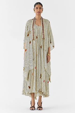 White Vegan Silk Digital Printed A-line Dress With Cape by Studio Rigu