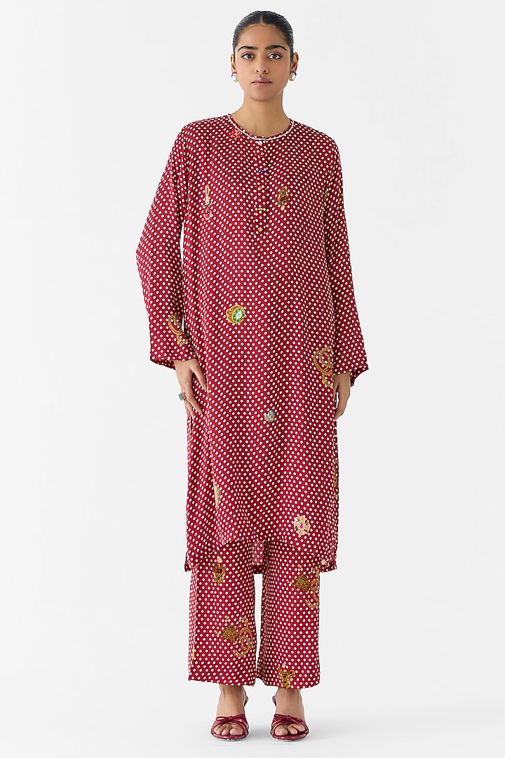 Maroon Vegan Silk Printed & Embroidered Kurta Set by Studio Rigu at Pernia's Pop Up Shop