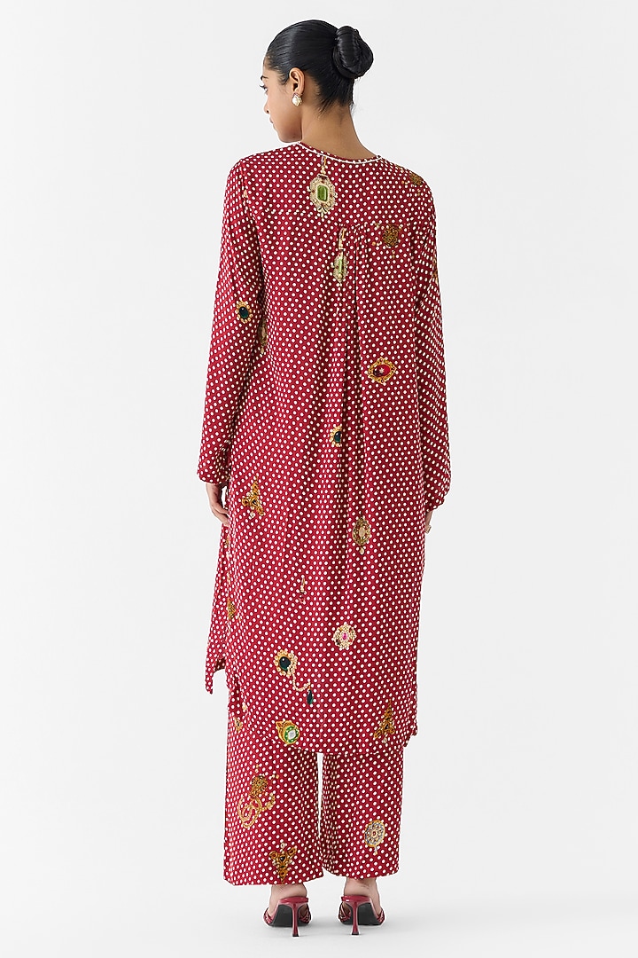 Maroon Vegan Silk Printed & Embroidered Kurta Set by Studio Rigu at Pernia's Pop Up Shop