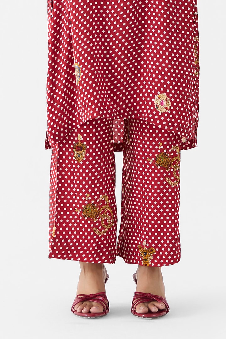 Maroon Vegan Silk Printed & Embroidered Kurta Set by Studio Rigu at Pernia's Pop Up Shop