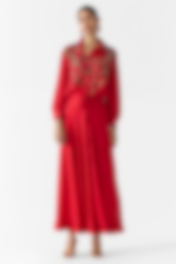 Red Vegan Silk Skirt Set by Studio Rigu at Pernia's Pop Up Shop