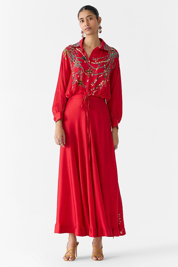 Red Vegan Silk Skirt Set by Studio Rigu at Pernia's Pop Up Shop