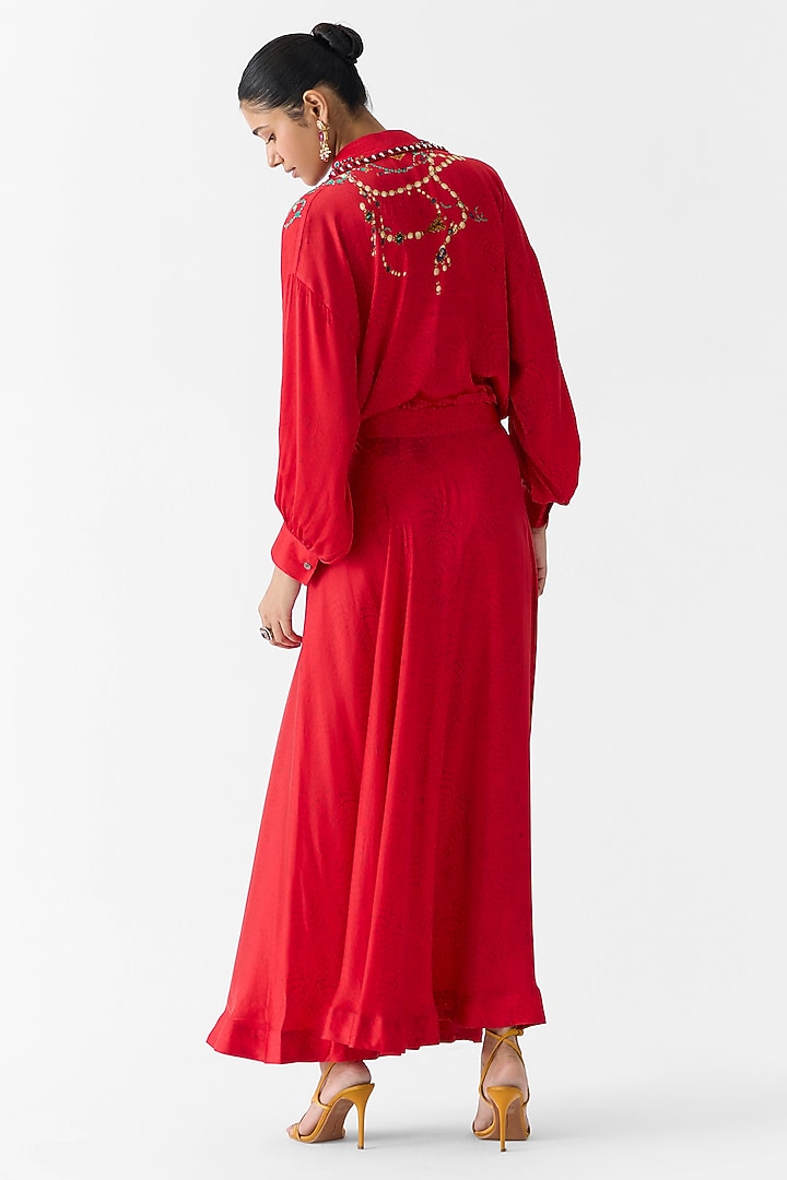 Red Vegan Silk Skirt Set by Studio Rigu at Pernia's Pop Up Shop