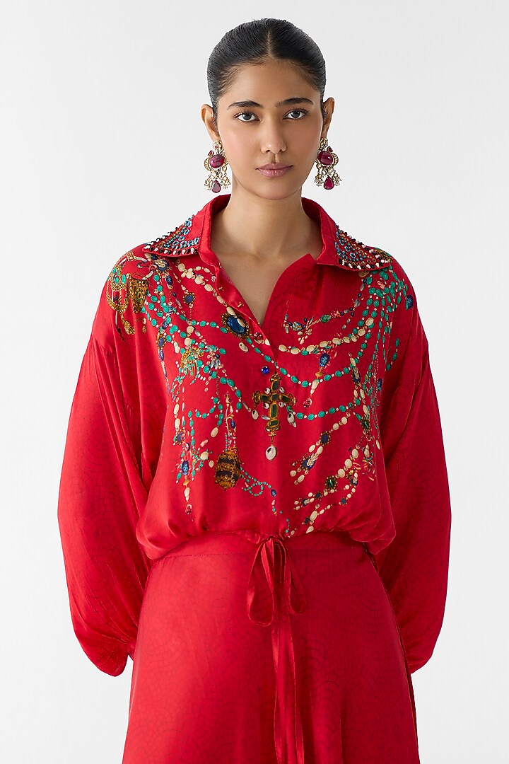 Red Vegan Silk Skirt Set by Studio Rigu at Pernia's Pop Up Shop