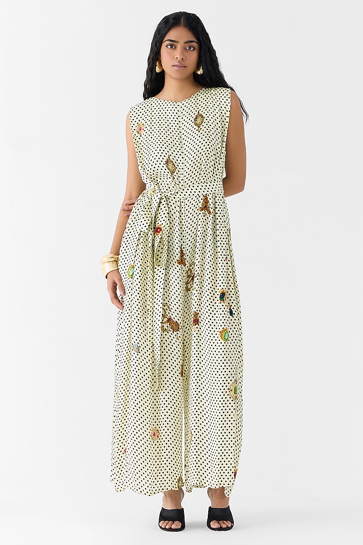 White Vegan Silk Polka Dot Printed Jumpsuit With Belt by Studio Rigu at Pernia's Pop Up Shop