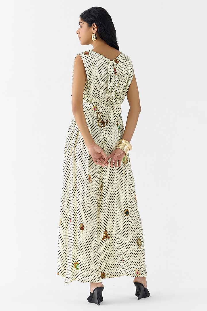 White Vegan Silk Polka Dot Printed Jumpsuit With Belt by Studio Rigu at Pernia's Pop Up Shop