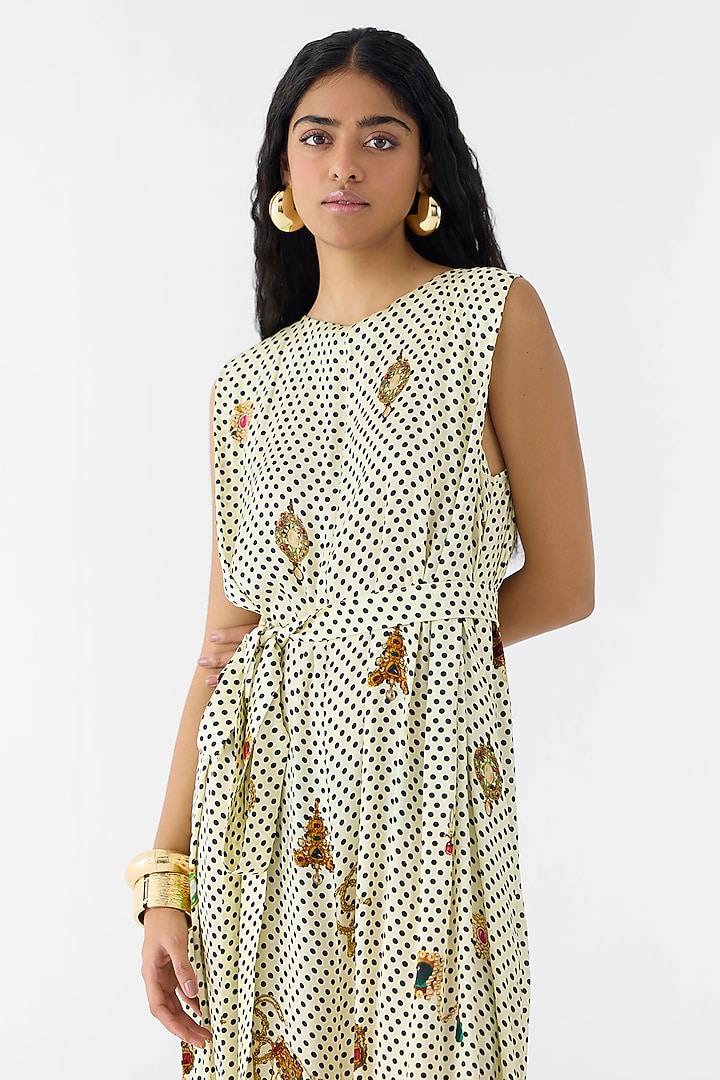White Vegan Silk Polka Dot Printed Jumpsuit With Belt by Studio Rigu at Pernia's Pop Up Shop