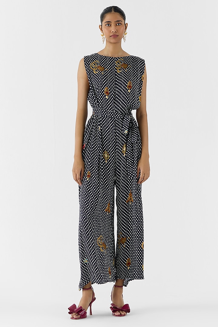 Black Vegan Silk Polka Dot Printed Jumpsuit With Belt by Studio Rigu at Pernia's Pop Up Shop
