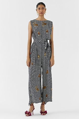 Black Vegan Silk Polka Dot Printed Jumpsuit With Belt by Studio Rigu