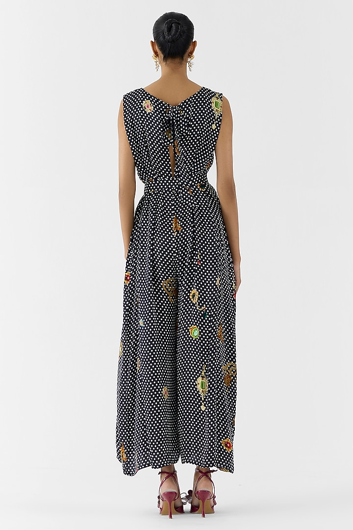 Black Vegan Silk Polka Dot Printed Jumpsuit With Belt by Studio Rigu at Pernia's Pop Up Shop