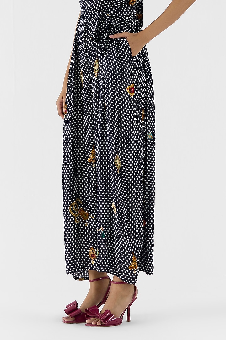 Black Vegan Silk Polka Dot Printed Jumpsuit With Belt by Studio Rigu at Pernia's Pop Up Shop