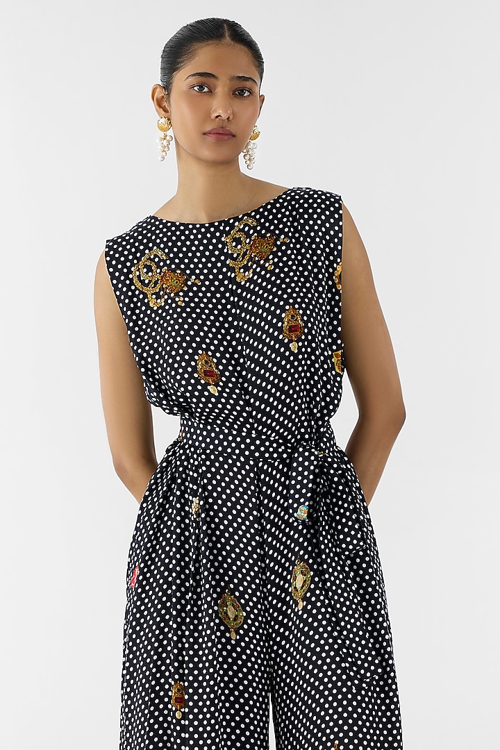 Black Vegan Silk Polka Dot Printed Jumpsuit With Belt by Studio Rigu at Pernia's Pop Up Shop