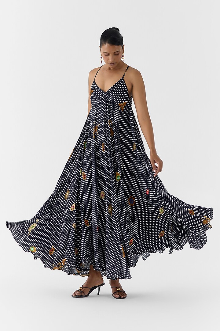 Black Vegan Silk Polka Dot Printed Vacation Dress With Cape by Studio Rigu at Pernia's Pop Up Shop