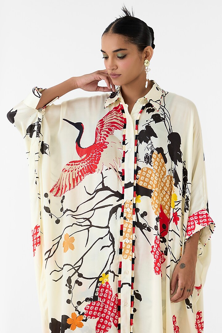 Cream Vegan Silk Digital Printed Co-Ord Set by Studio Rigu at Pernia's Pop Up Shop