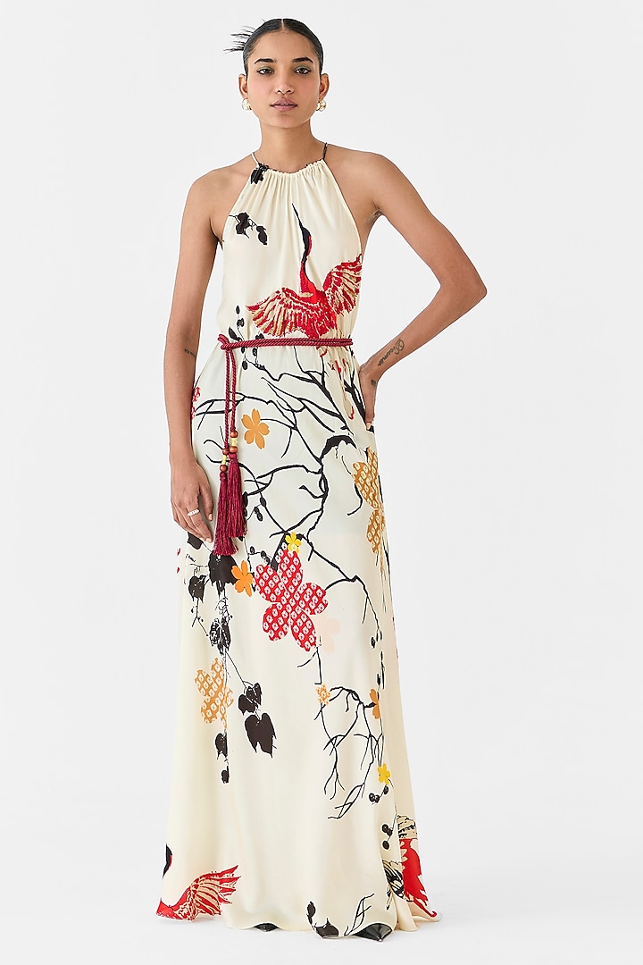 Cream Vegan Silk Hand Embroidered & Digital Printed Dress by Studio Rigu at Pernia's Pop Up Shop