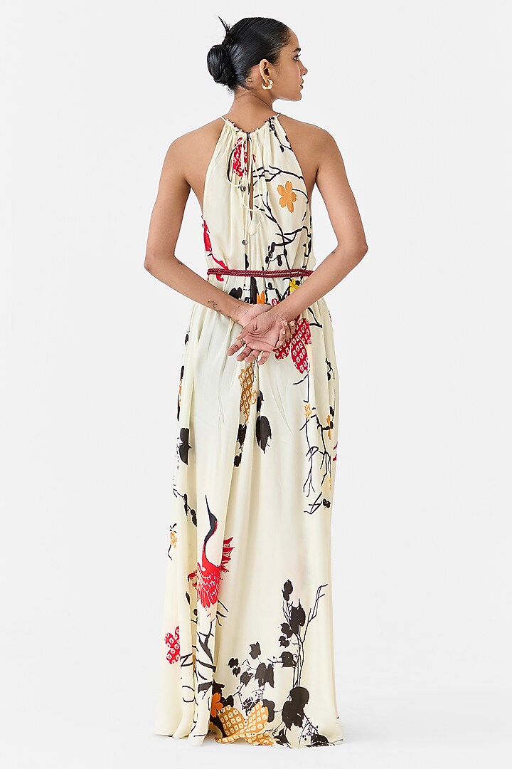 Cream Vegan Silk Hand Embroidered & Digital Printed Vacation Dress by Studio Rigu at Pernia's Pop Up Shop