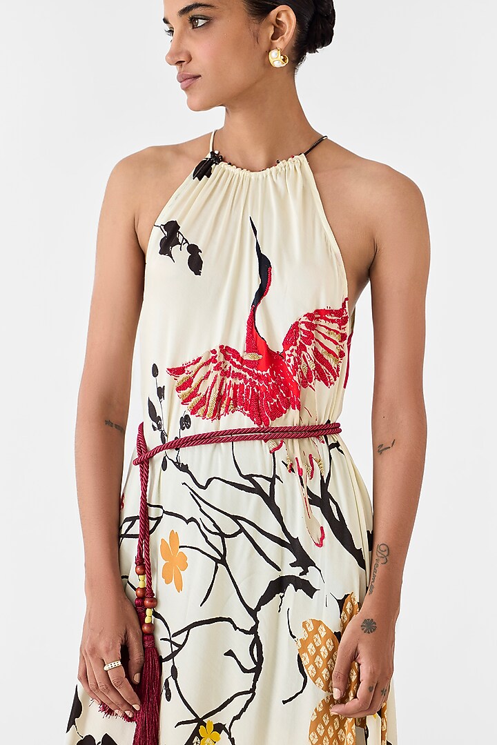 Cream Vegan Silk Hand Embroidered & Digital Printed Vacation Dress by Studio Rigu at Pernia's Pop Up Shop