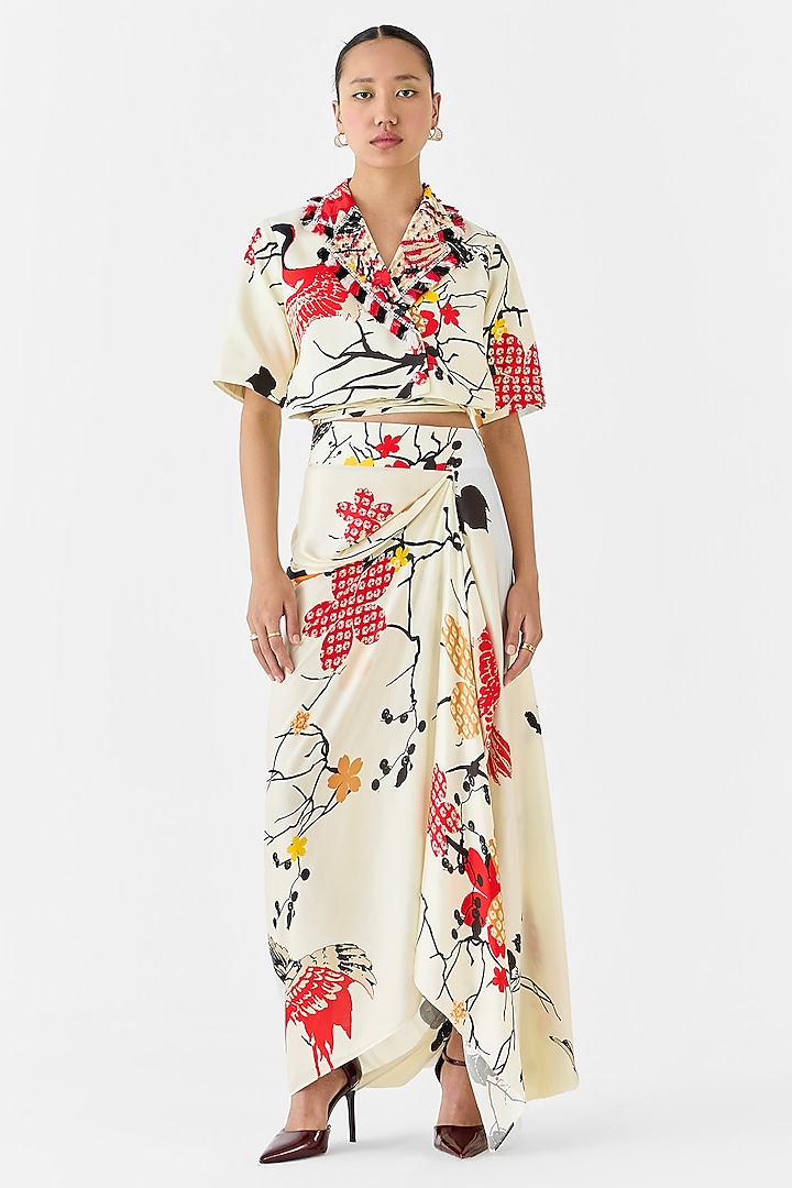 Cream Vegan Silk Digital Printed Draped Skirt Set by Studio Rigu at Pernia's Pop Up Shop